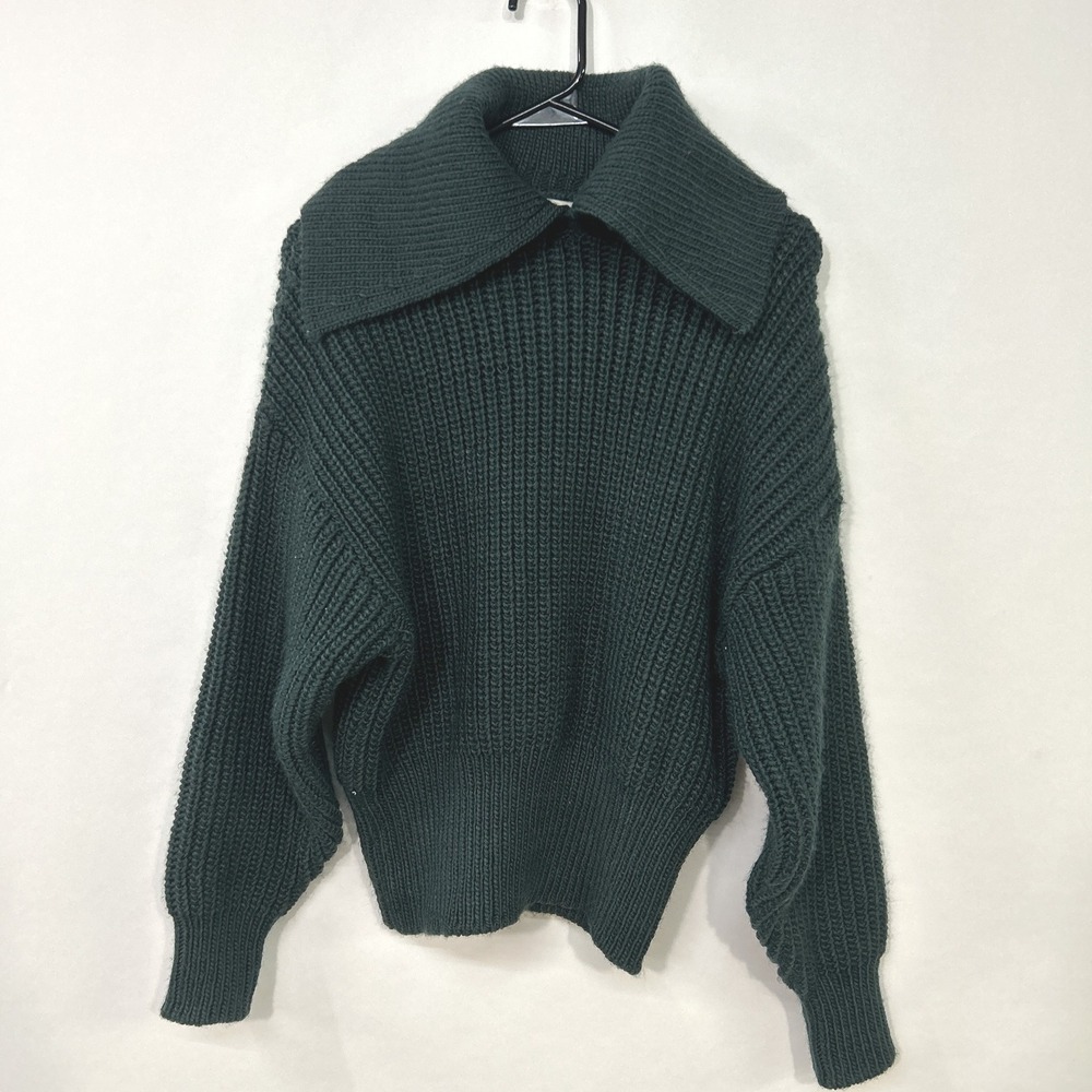 H&M Dark Green Rib Knit Collared Sweater XS Preppy Old Money Quiet Luxury‎ Fall
